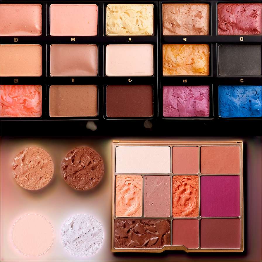 Two open makeup palettes showing pressed powders and eyeshadows with visible texture. — Makeup Palette PNG
