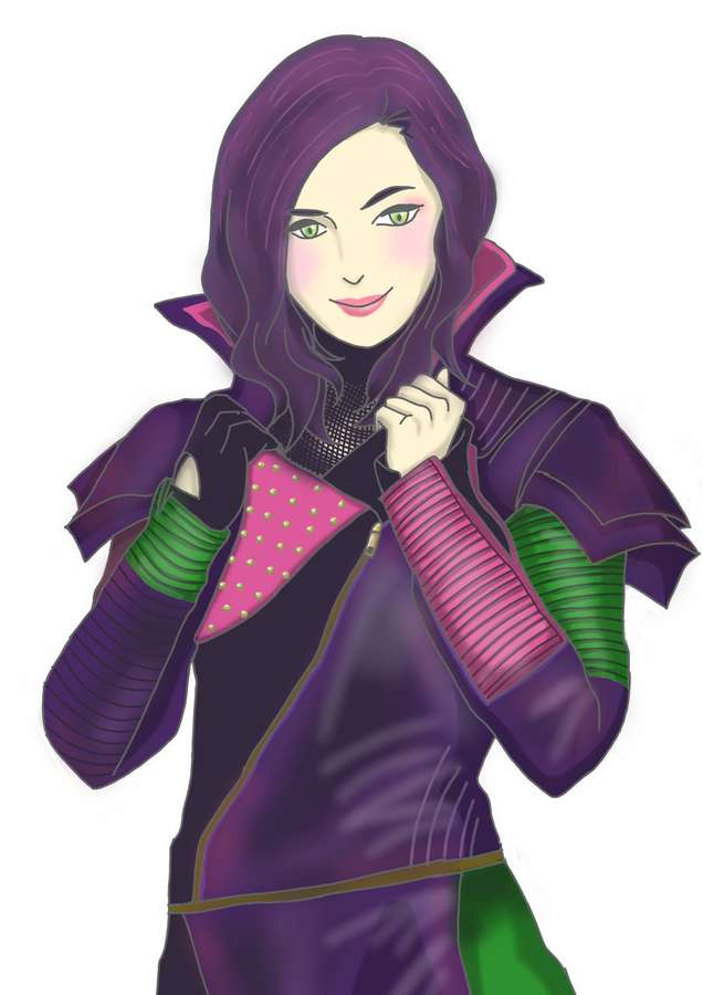 Anime girl with purple hair and green eyes in a colorful jacket smiling. — Mal Wallpaper
