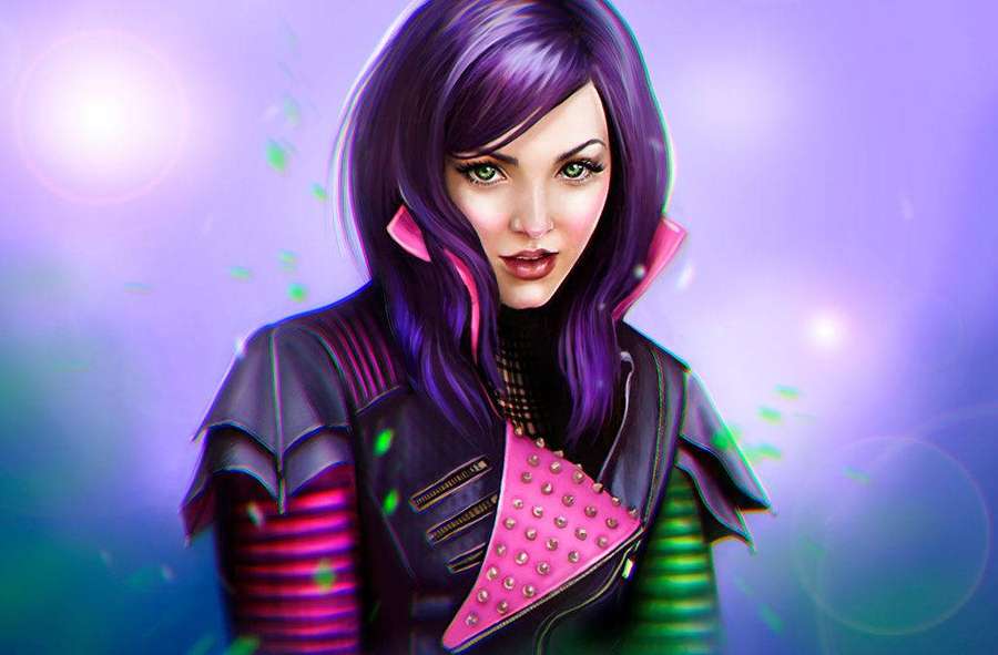 A cyberpunk woman with purple hair and glowing green eyes in a futuristic outfit. — Mal Descendants Wallpaper