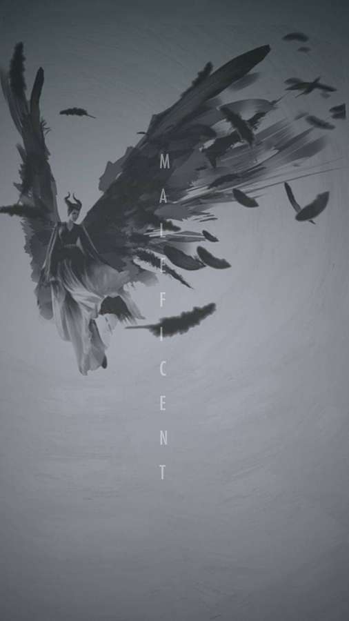 Maleficent mit großen Flügeln und schwebenden Federn in einer dunklen monochromen Illustration. — Maleficent Bilder