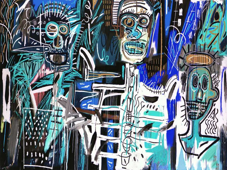 Drei stilisierte maskierte Figuren in abstrakter Kunst mit kräftigen blauen und schwarzen Pinselstrichen. — Malen Sie Kunstbilder Wallpaper