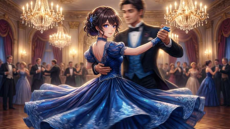 Mana Ouma dancing in a chandelier-lit ballroom. — Mana Ouma Wallpaper