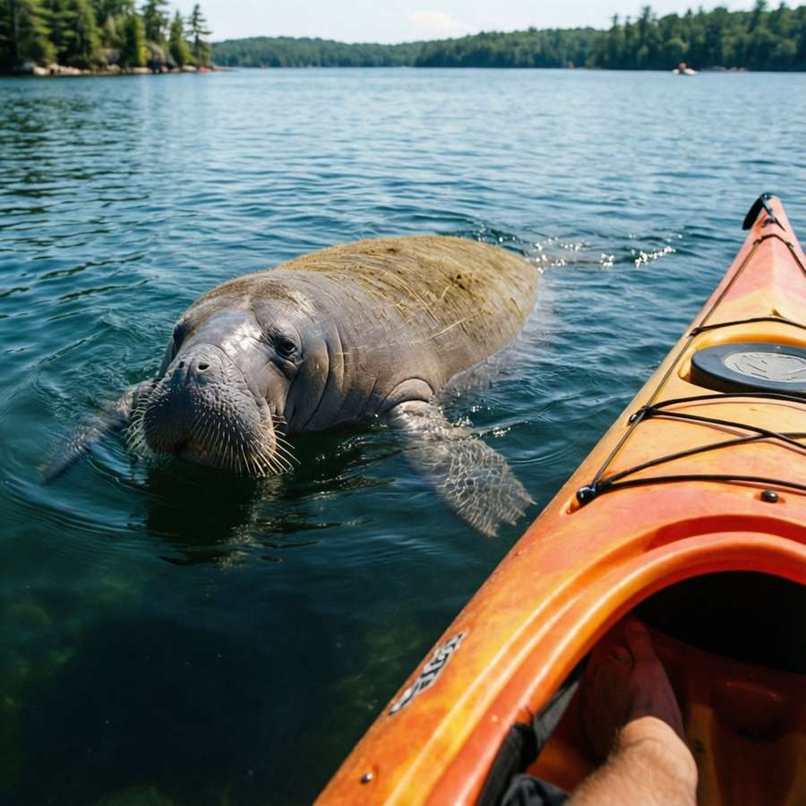 A manatee swimming alongside a kayak in a calm bay. — Manatee Picture