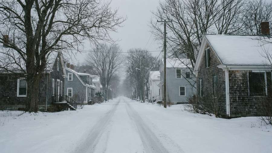 A snow-covered street scene from Manchester-by-the-Sea, evoking the film's quiet melancholy. — Manchester By The Sea Wallpaper