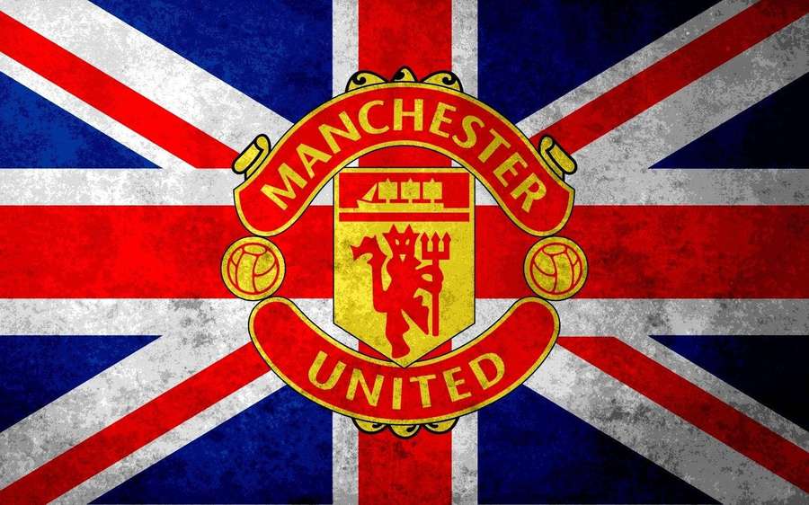 Manchester United -jalkapalloseuran tunnus kuluneella Union Jack -taustalla. — Manchester United Logo Taustakuvat