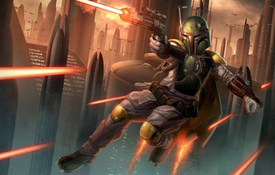 Boba Fett disparando blásters a través de una ciudad futurista al atardecer. — Mandalorian Fondos de pantalla
