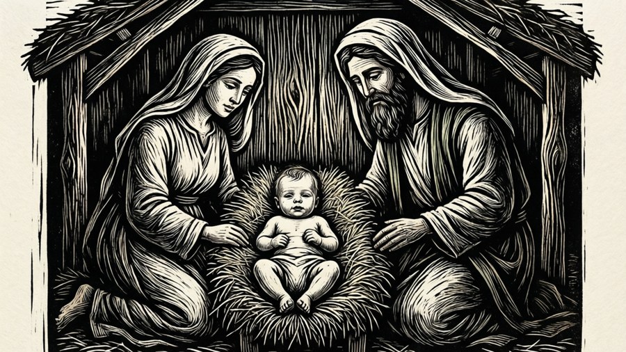 Black and white woodcut print nativity scene with folk art style. — Manger Wallpaper