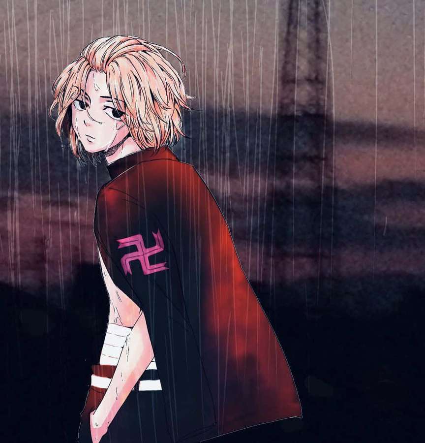 Anime character with blonde hair in rain wearing red cape and black outfit with pink symbol. — Manjiro Picture