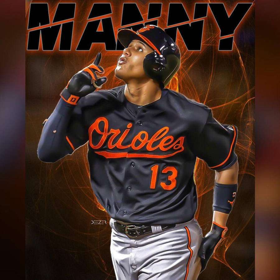Baseballspieler Manny Machado im Orioles-Trikot feiert mit Finger auf den Lippen. — Manny Bilder