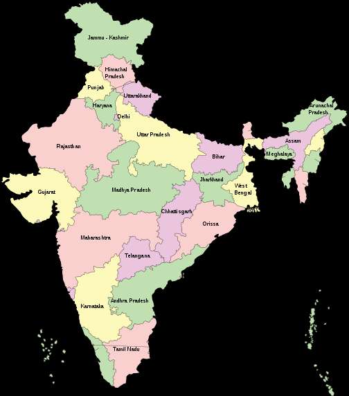 Colorful map of India showing state boundaries and names. — Map PNG