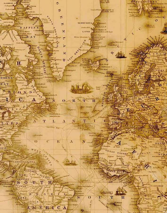 Antiguo mapamundi que resalta América del Norte y del Sur con barcos de vela en el Atlántico. — Mapa Antiguo Fondos de pantalla