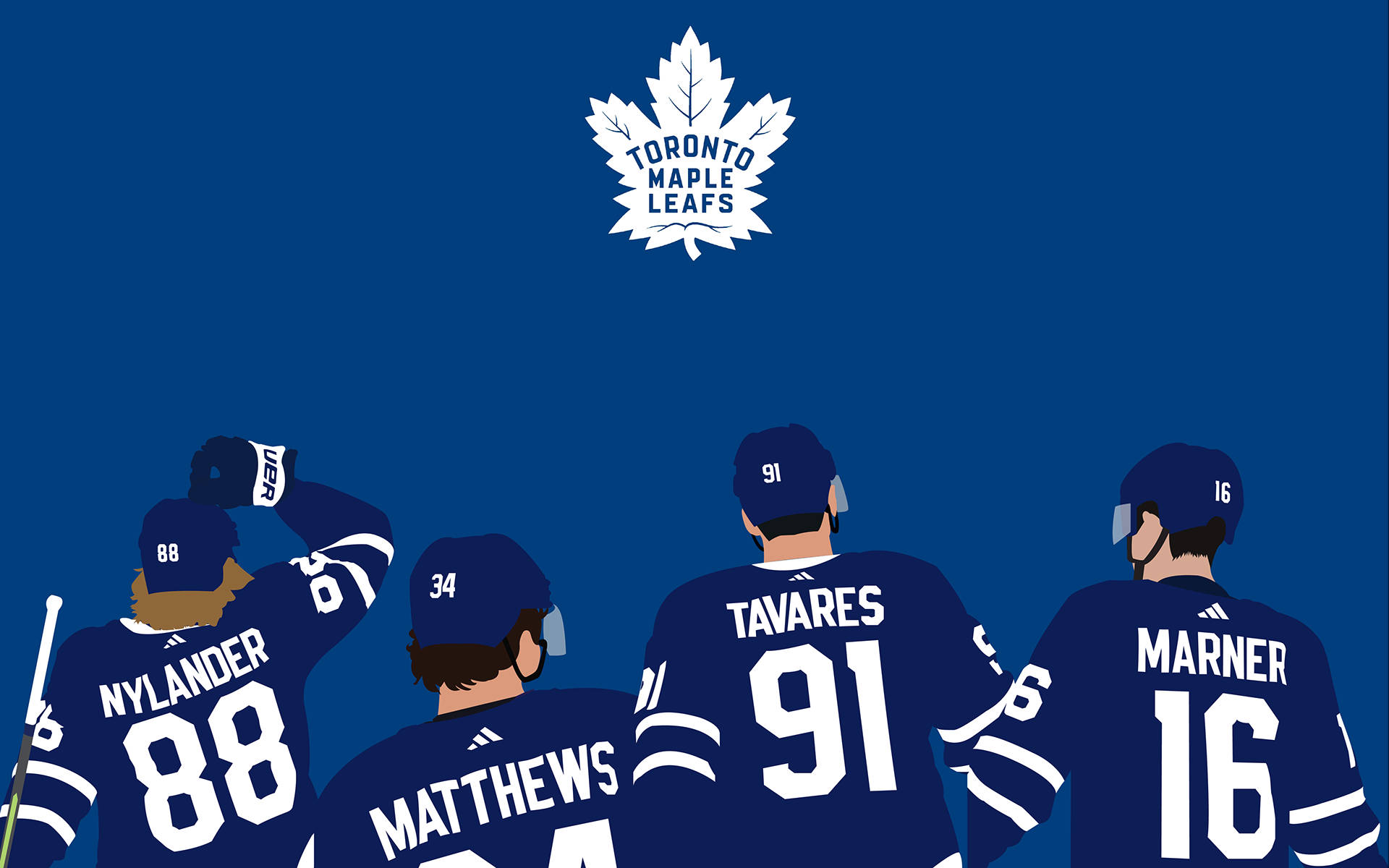 Ryggvy av Toronto Maple Leafs ishockeyspelare i blå tröjor med laglogotyp ovanför. — Maple bakgrund Bakgrundsbilder
