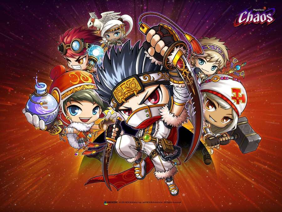 Group of anime-style adventurers wielding weapons in a cosmic setting. — Maplestory Wallpaper