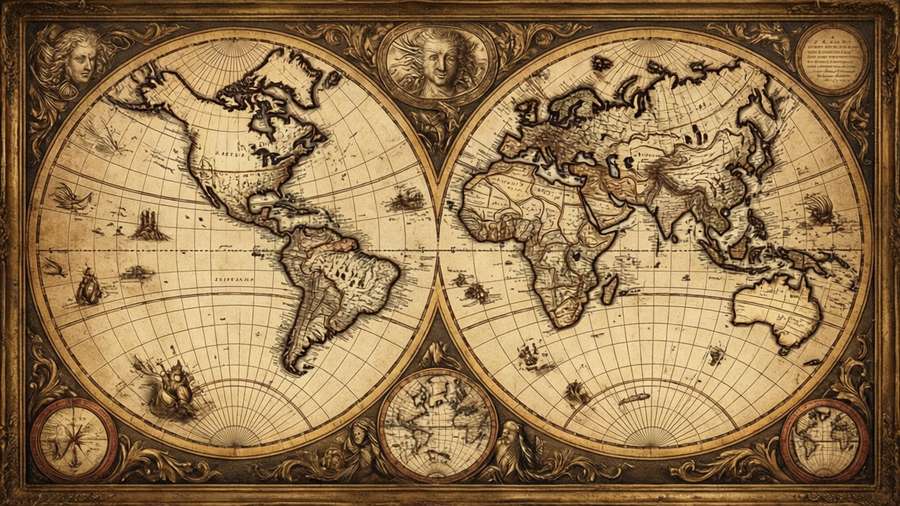 A vintage world map with sepia tones and ornate cartouches. — Maps Picture