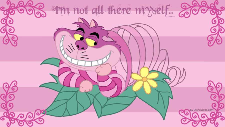 Cheshire Cat sonriendo en hojas con fondo rosa y remolinos decorativos. — Maravillas Fondos de pantalla