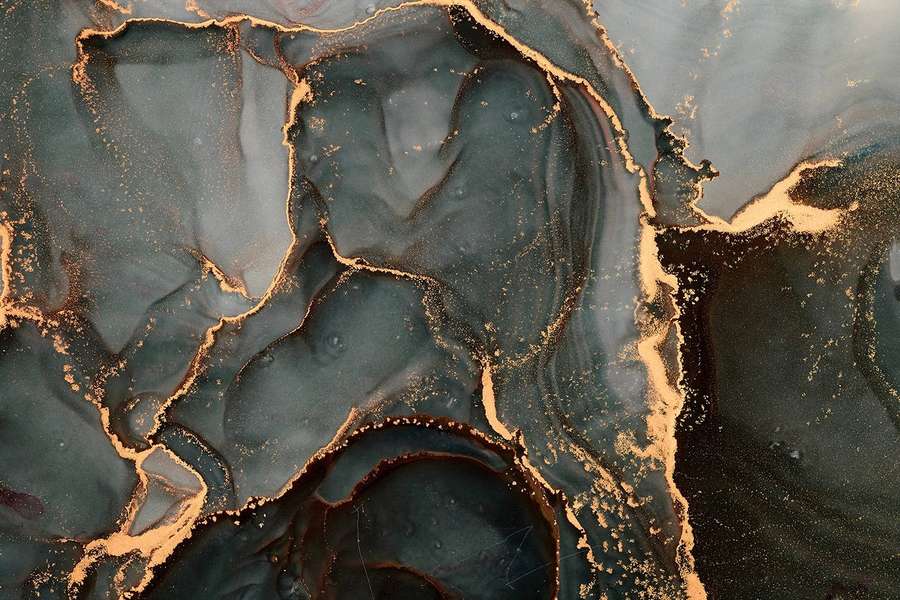 Abstract fluid art with dark teal and gold metallic swirls. — Marble Desktop Background