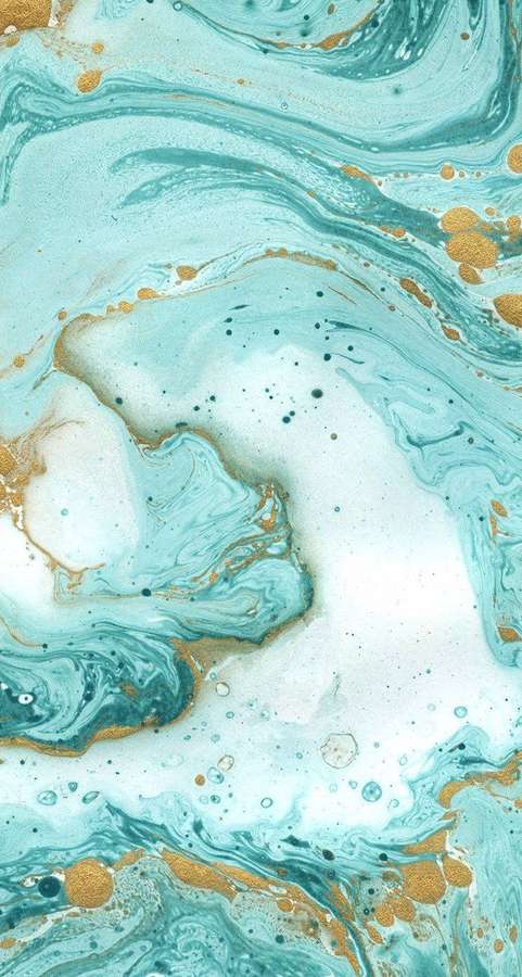 Abstract fluid art with turquoise gold swirls and white speckles — Marble iPhone Wallpaper