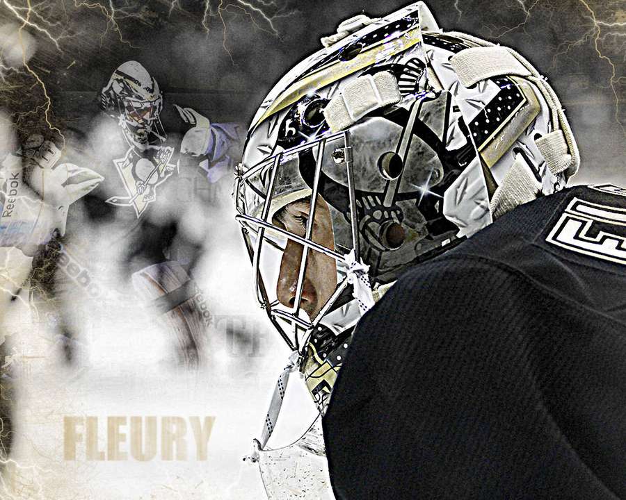 Hockey goalie in silver gear with lightning in background — Marc Andre Fleury Wallpaper