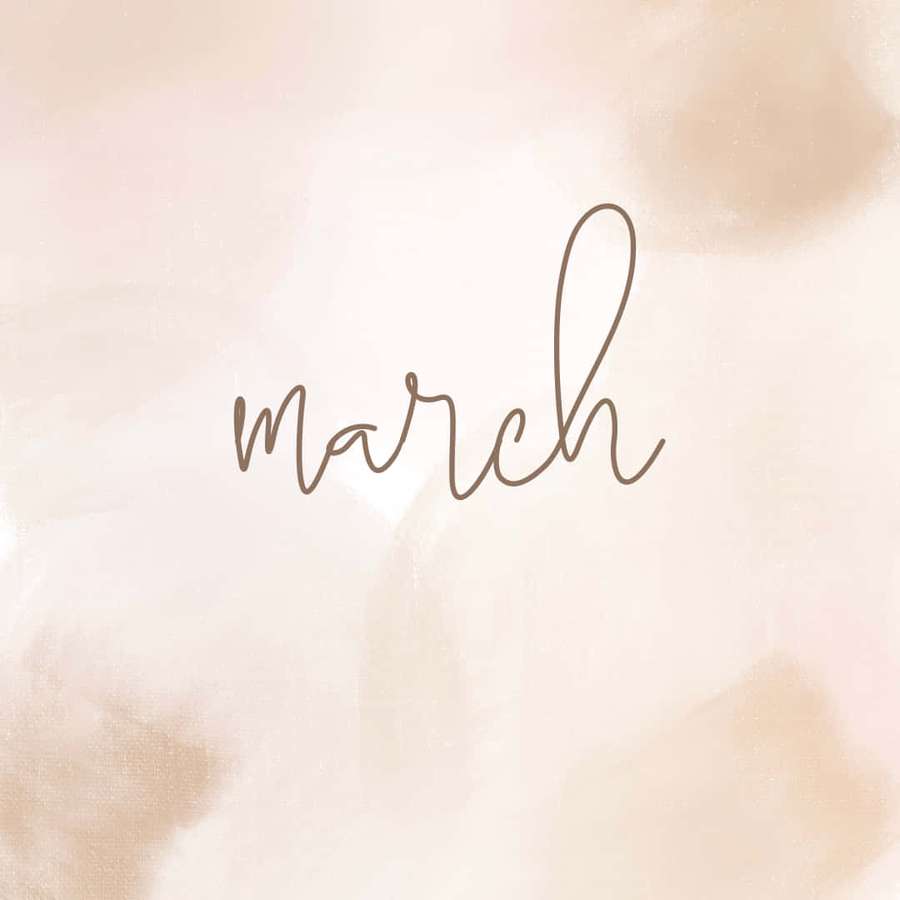 The word march written in elegant cursive on a soft beige watercolor background. — March Aesthetic Wallpaper