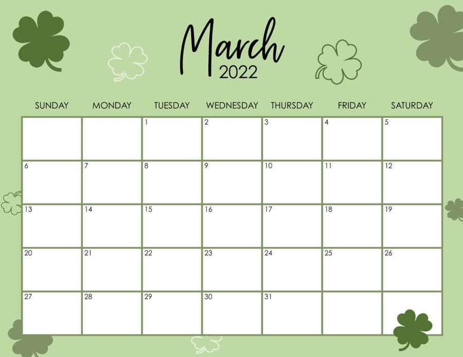 March 2022 calendar with shamrock decorations on green background. — March Picture