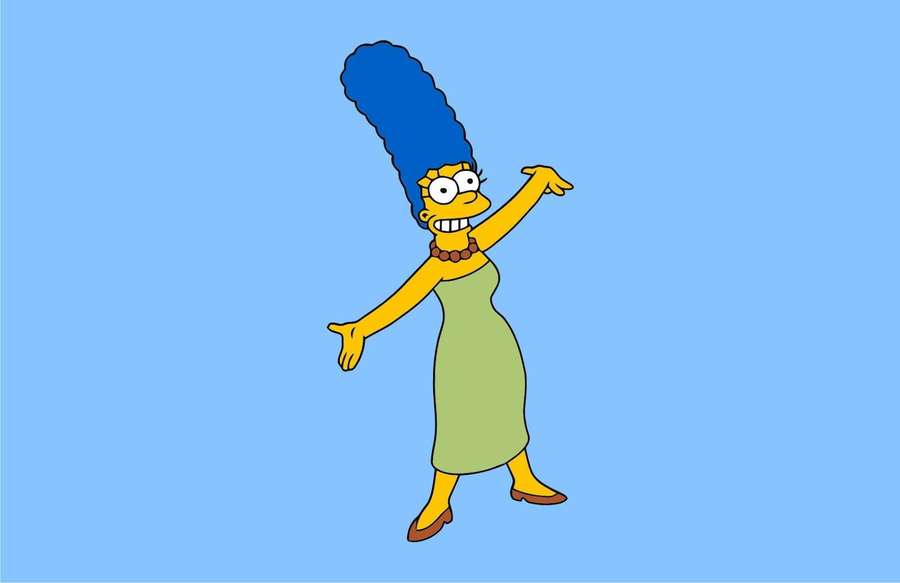 Marge Simpson dancing in a green dress with her signature blue beehive hairdo. — Marge Picture