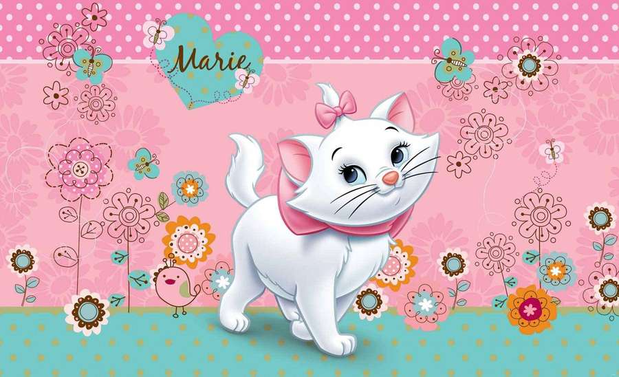 White cartoon cat with pink bow surrounded by flowers and butterflies on a pink background. — Marie Cat Background