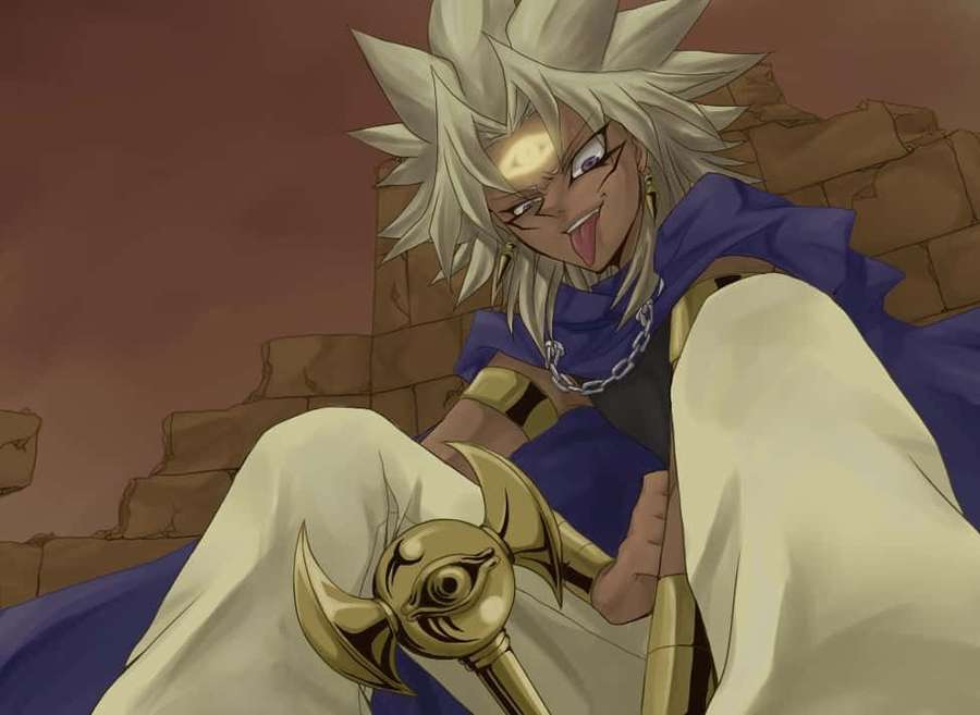 Anime character with spiky white hair holding a golden staff with eye symbol on stone ruins. — Marik Ishtar Wallpaper