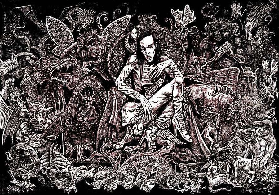 Eine sitzende Figur umgeben von einer dichten Menge fantastischer Monster in schwarz-weißer Tinte. — Marilyn manson Bilder