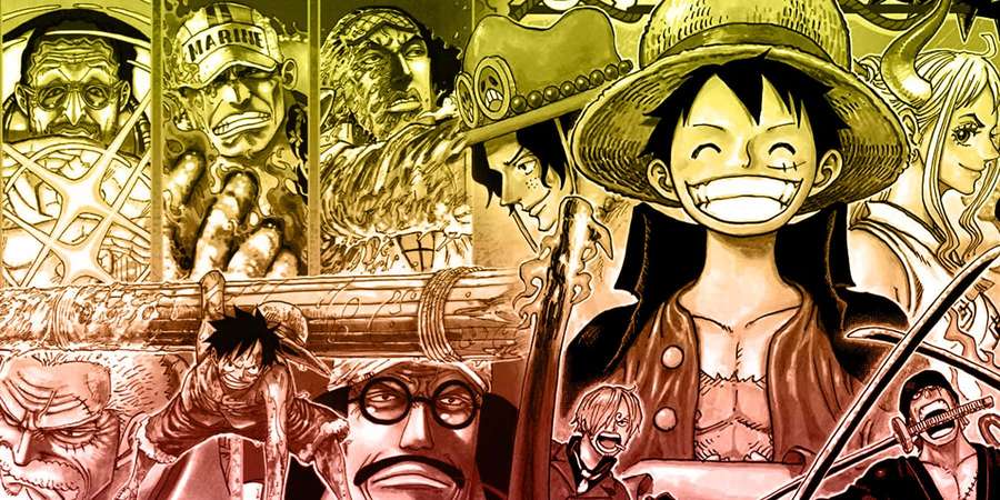 Anime characters from One Piece with expressive faces and bold sepia tones. — Marineford Wallpaper