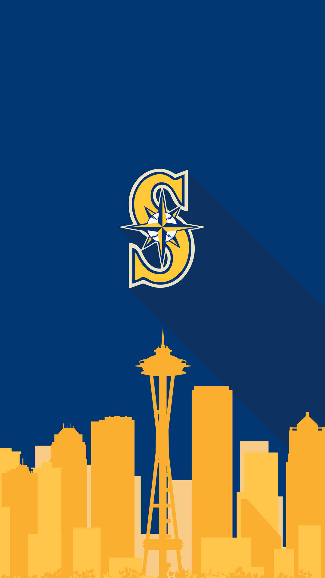 Seattle Mariners logotyp ovanför gyllene Space Needle och silhuett vid solnedgång. — Sjömän bakgrund Bakgrundsbilder