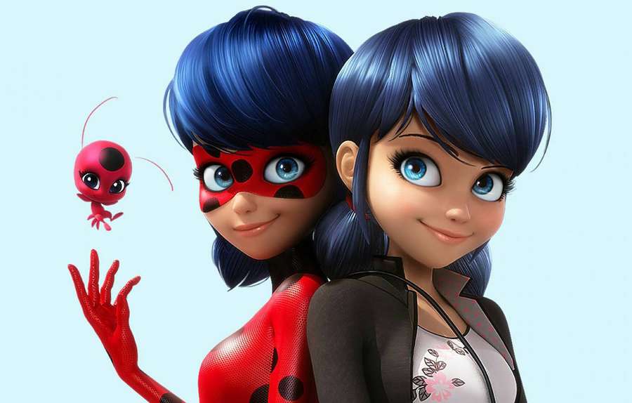 Two anime girls one dressed as ladybug the other in casual clothes with a small ladybug floating beside them. — Marinette Wallpaper