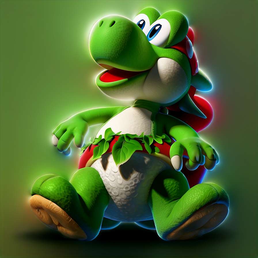 Ein grüner Yoshi-Charakter mit leuchtenden blauen Kanten sitzt und trägt einen roten Gürtel mit grünen Blättern. — Mario Kart 8 Bilder