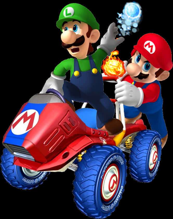 Mario und Luigi rasen in einem rot-blauen Kart mit Feuer- und Eiseffekten — Mario Kart Bilder