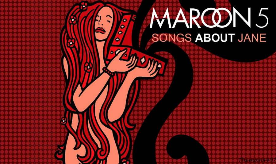 Mulher ilustrada com cabelo vermelho segurando um objeto vermelho em forma de coração em um fundo vermelho com texto do álbum. — Marrom 5 Papéis de Parede