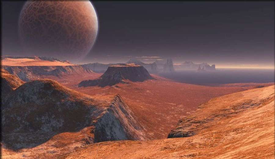 Alien canyon landscape under a cracked planet at dusk — Mars Landscape Wallpaper