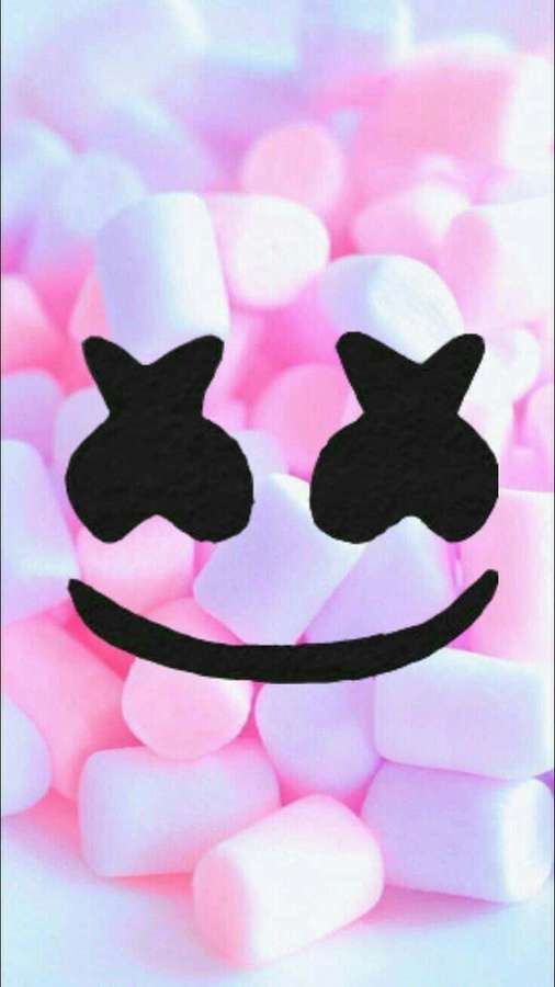 A cartoon smiley face with X eyes made of black lines on a pile of pink and white marshmallows. — Marshmallow Phone Wallpaper