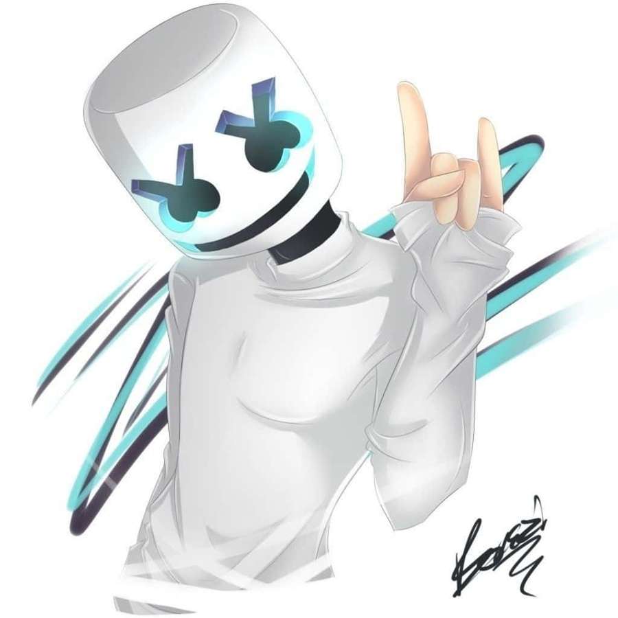 Anime DJ in white marshmallow helmet making peace sign gesture. — Marshmello Background