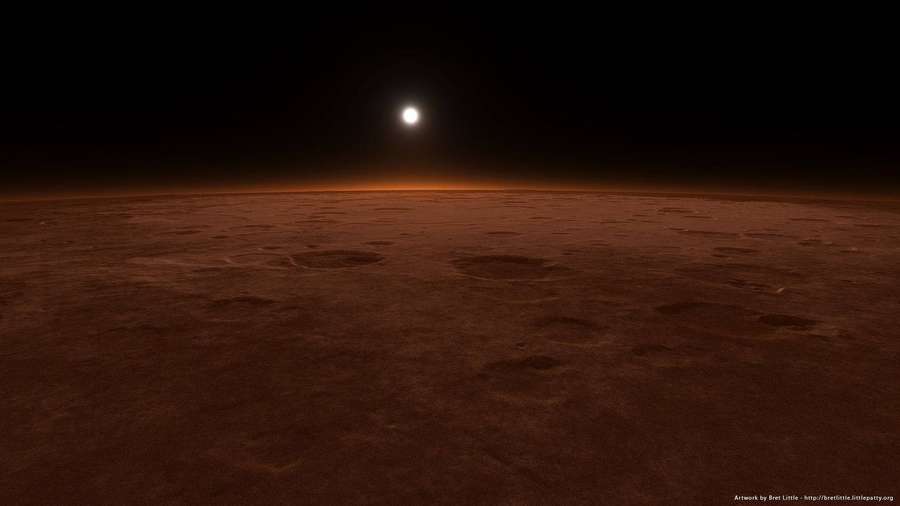 Superficie de planeta alienígena rojo y polvoriento con un sol brillante en el horizonte. — Marte Fondos de pantalla