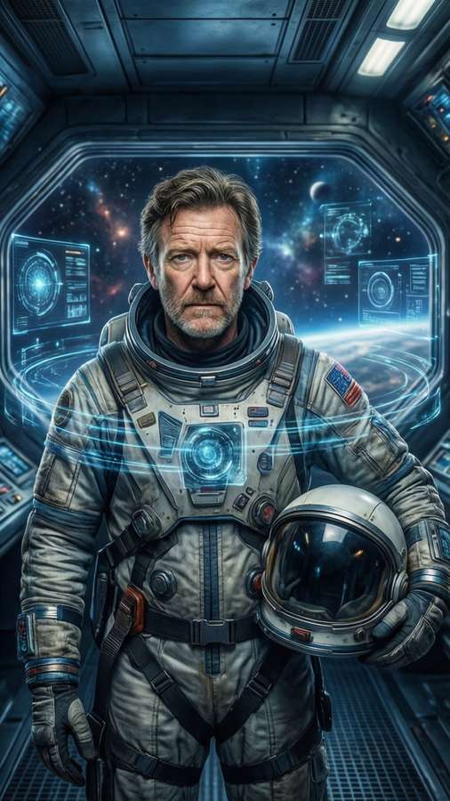 Martin Freeman in a futuristic spaceship with holograms and space view, sci-fi wallpaper. — Martin Freeman Background