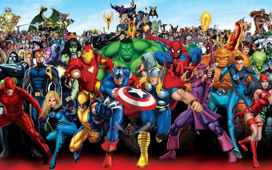 Un grande gruppo di supereroi e cattivi dei fumetti in pose d'azione. — Marvel Sfondi