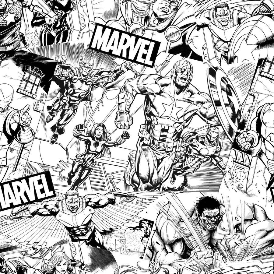 Ilustração de quadrinhos em preto e branco de super-heróis da Marvel em poses de ação. — Marvel em preto e branco Papéis de Parede