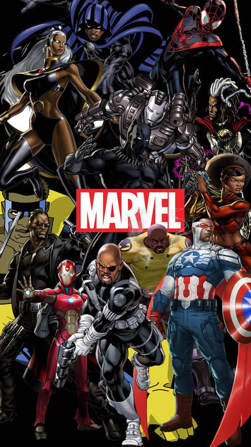 Marvel superheroes in dynamic comic book poses with bold costumes and shields. — Marvel iPhone Wallpaper