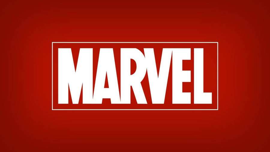 Marvel logo in white text within a white rectangle on a red background. — Marvel Logo Background