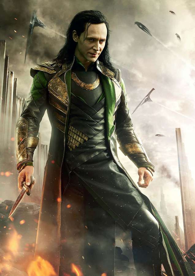 Loki in green and gold armor holding a dagger amid fiery battle debris. — Marvel Loki Wallpaper