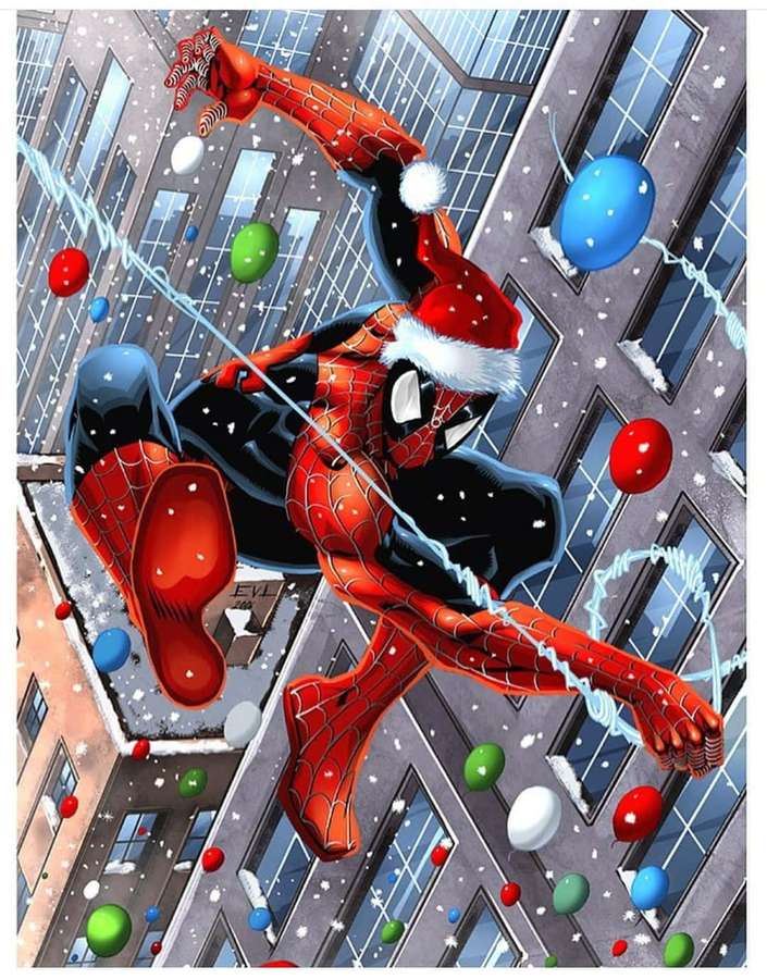 Spider-Man con un gorro de Papá Noel balanceándose por una ciudad nevada con globos navideños. — Marvel Navidad Fondos de pantalla