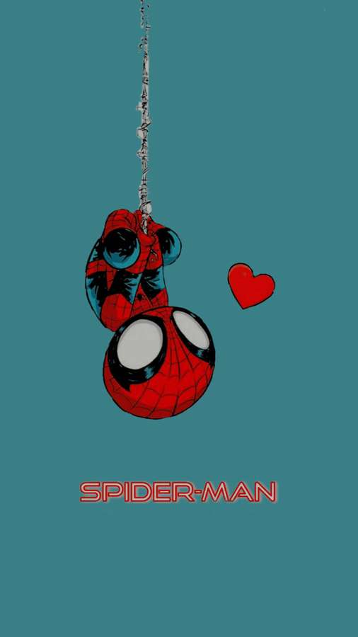 Spider-Man hängt kopfüber mit einem schwebenden roten Herzen in der Nähe. — Marvel telefon Wallpaper