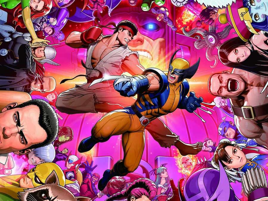 A vibrant comic book scene featuring multiple fighting characters in mid-action. — Marvel Vs Capcom Wallpaper