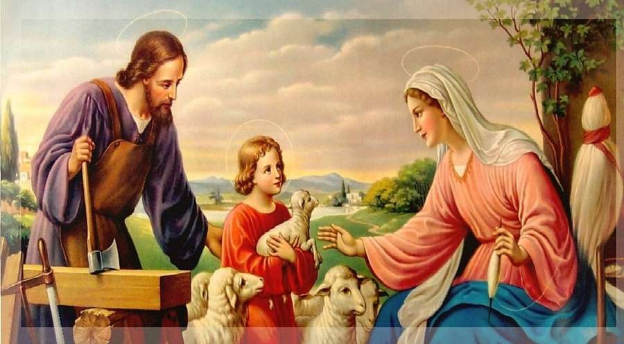 Jesus Mary and child with sheep in pastoral landscape. — Mary Background