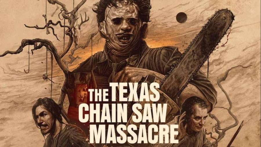 Póster de película de terror con asesino enmascarado sosteniendo una motosierra y tres víctimas aterrorizadas. — Masacre Fondos de pantalla
