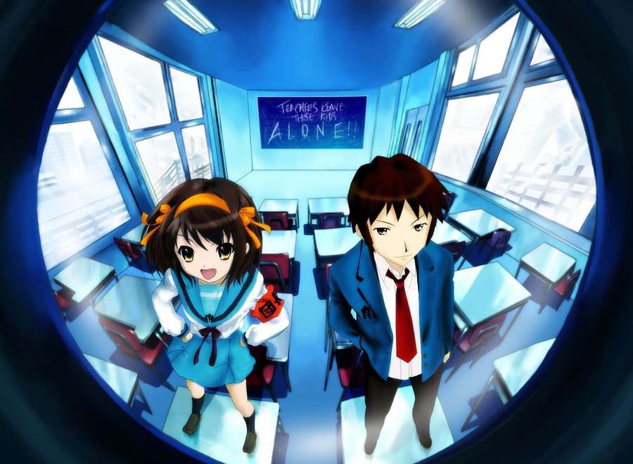 Two anime students in school uniforms stand in a blue classroom with a chalkboard message. — Mash Kyrielight Wallpaper